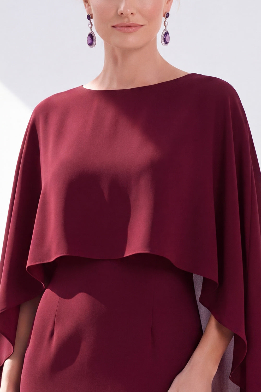 Burgundy Boat Neck Cape Overlay Sheath Tea-Length Midi Dress