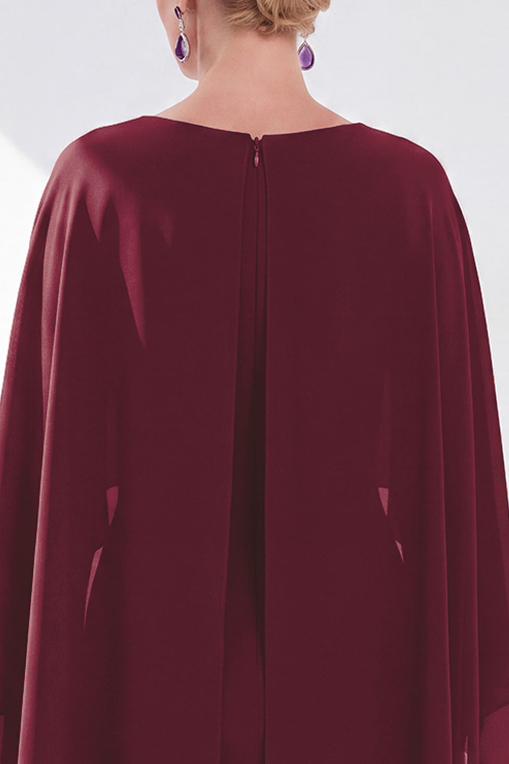 Burgundy Boat Neck Cape Overlay Sheath Tea-Length Midi Dress