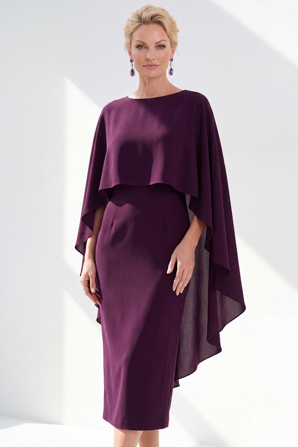 Burgundy Boat Neck Cape Overlay Sheath Tea-Length Midi Dress
