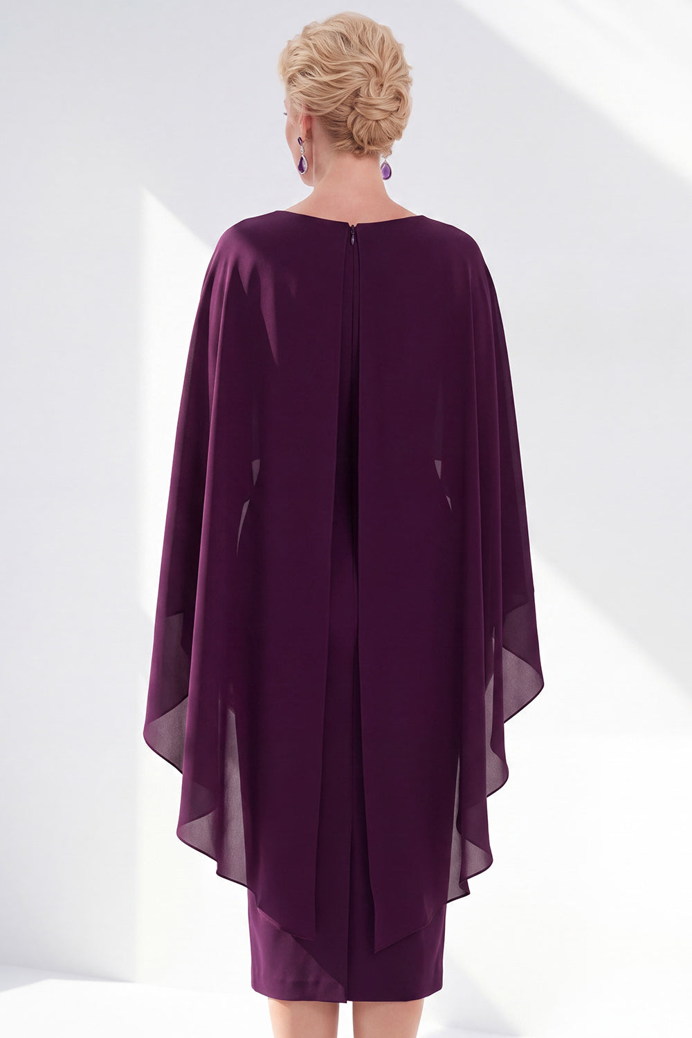 Burgundy Boat Neck Cape Overlay Sheath Tea-Length Midi Dress
