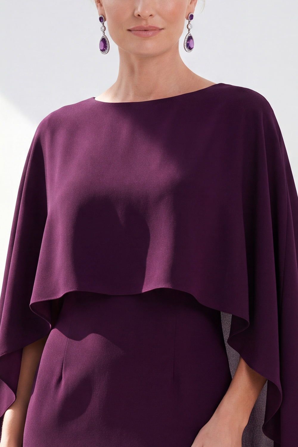 Burgundy Boat Neck Cape Overlay Sheath Tea-Length Midi Dress