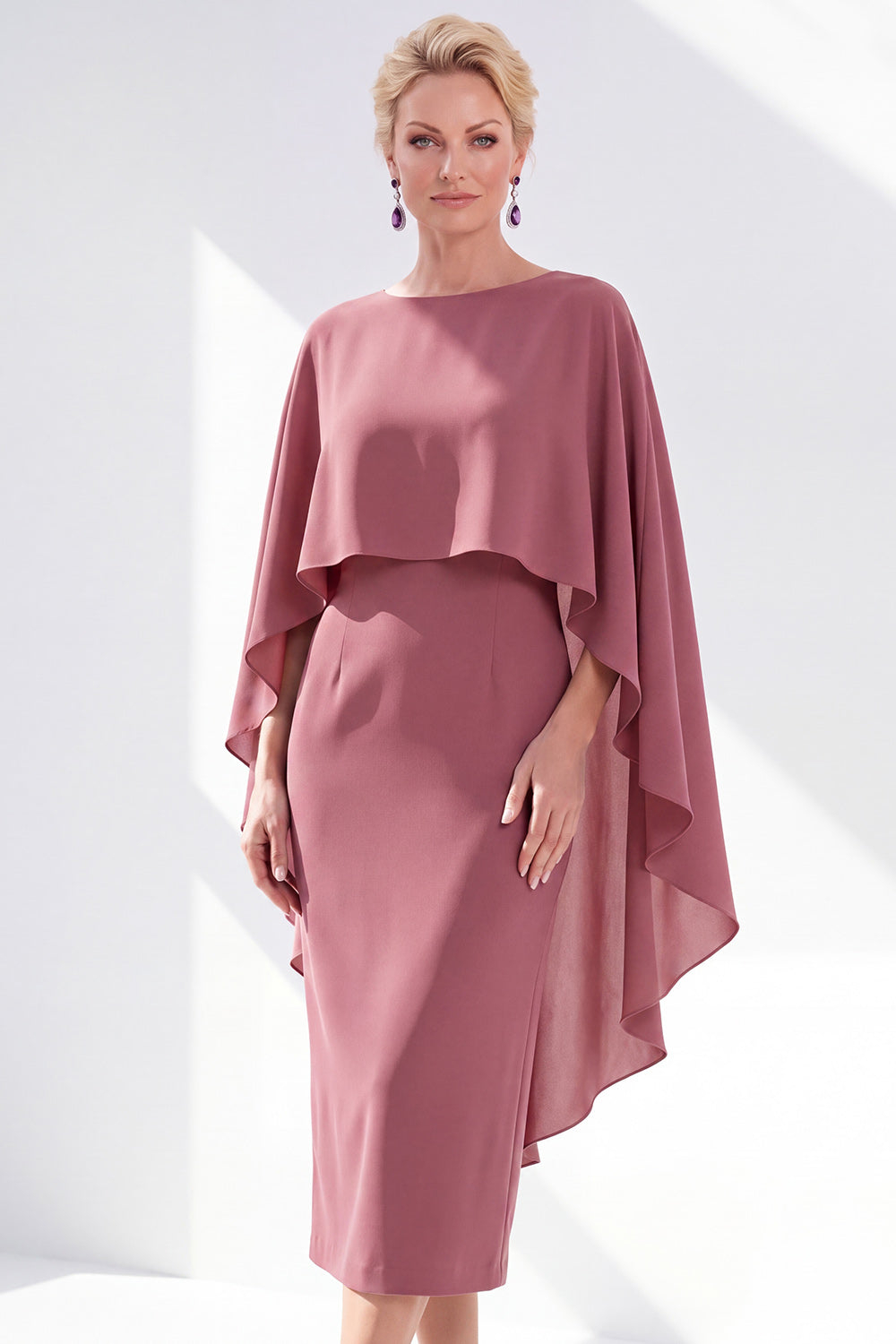 Burgundy Boat Neck Cape Overlay Sheath Tea-Length Midi Dress