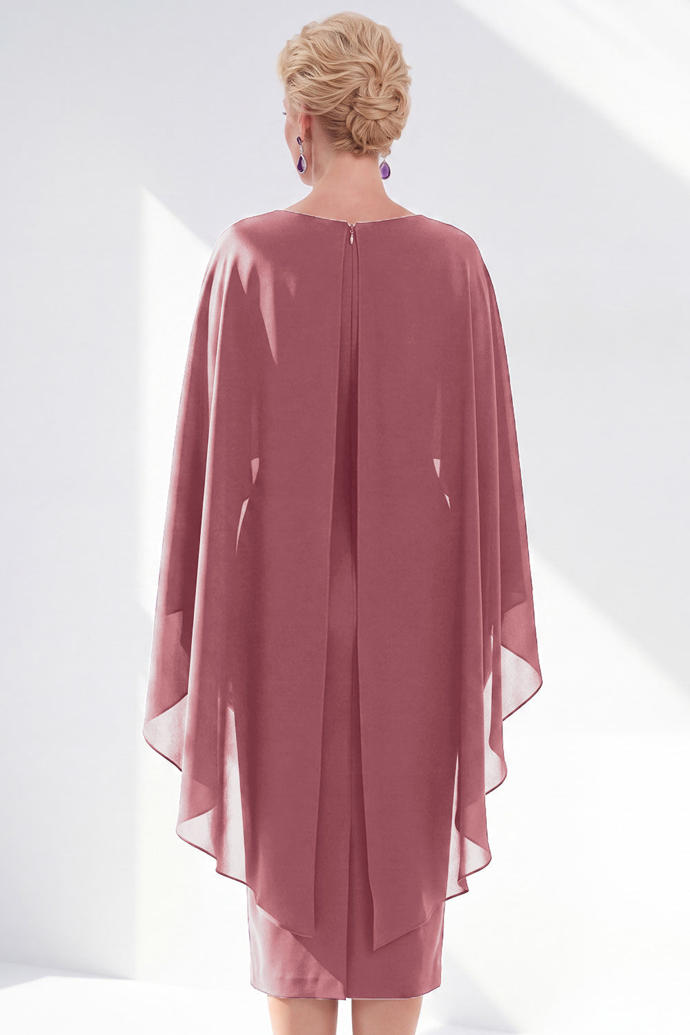 Burgundy Boat Neck Cape Overlay Sheath Tea-Length Midi Dress
