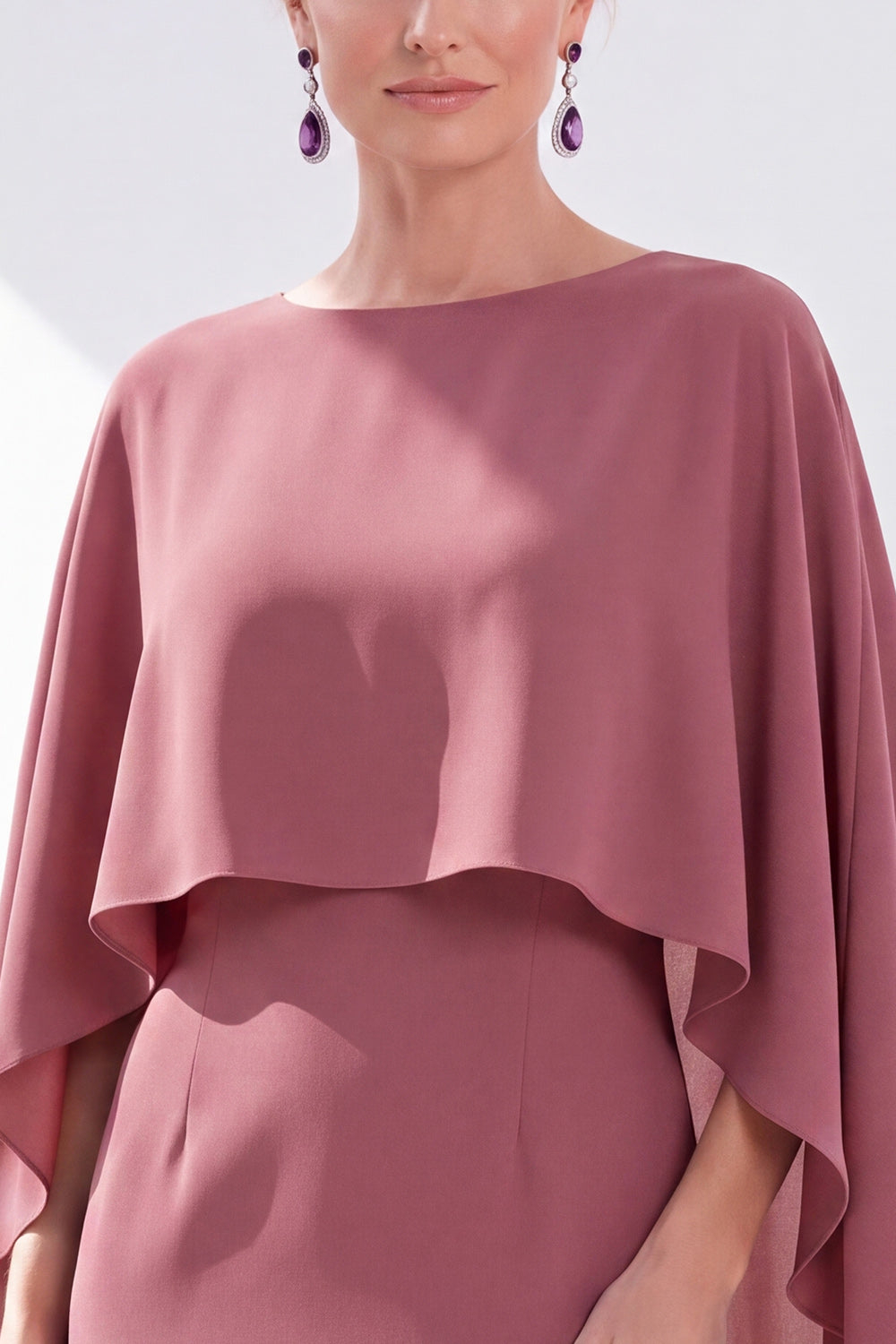Burgundy Boat Neck Cape Overlay Sheath Tea-Length Midi Dress