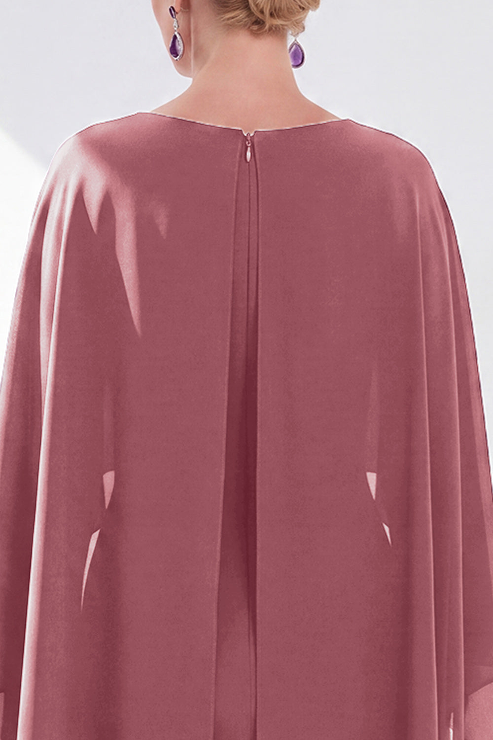 Burgundy Boat Neck Cape Overlay Sheath Tea-Length Midi Dress