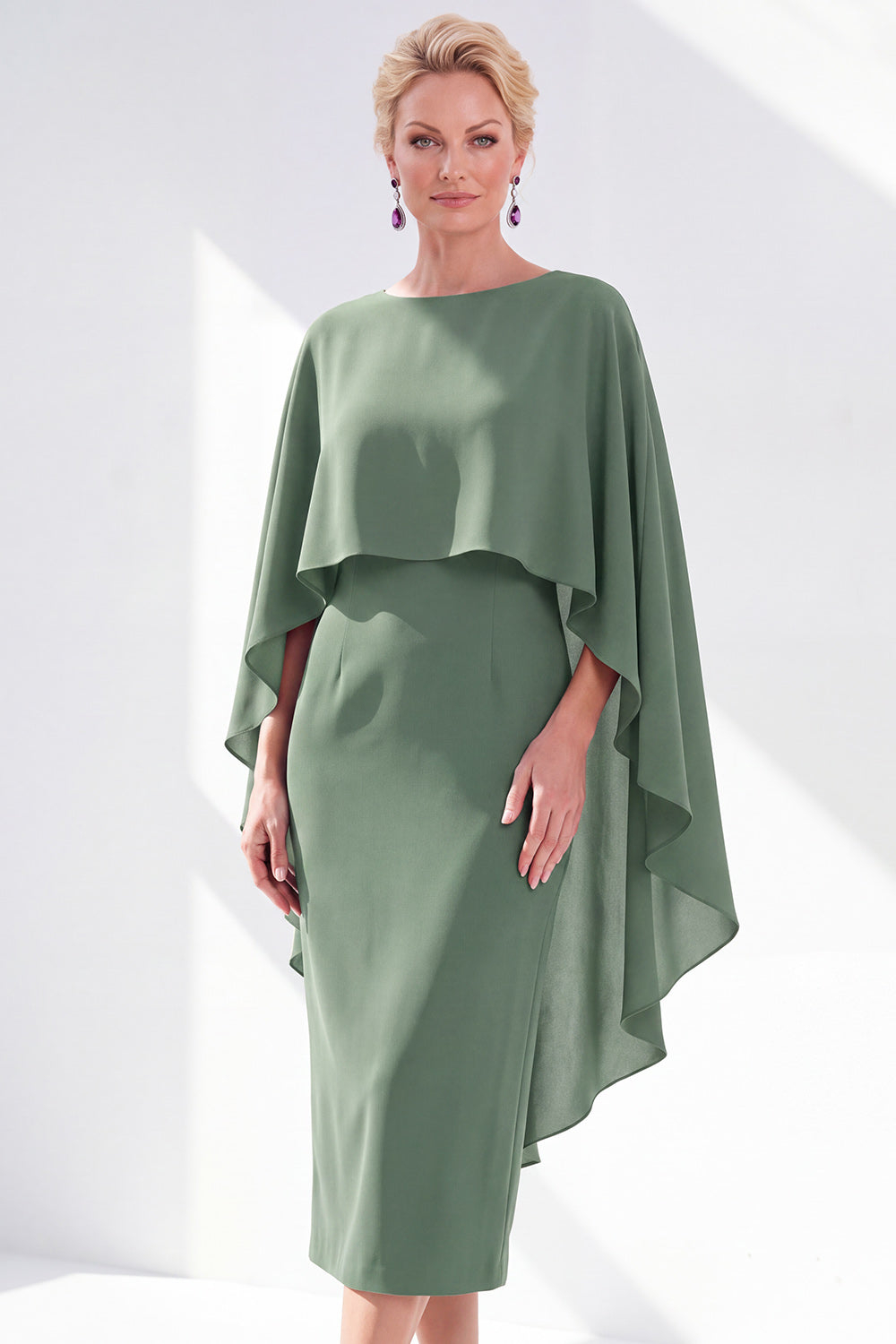 Burgundy Boat Neck Cape Overlay Sheath Tea-Length Midi Dress