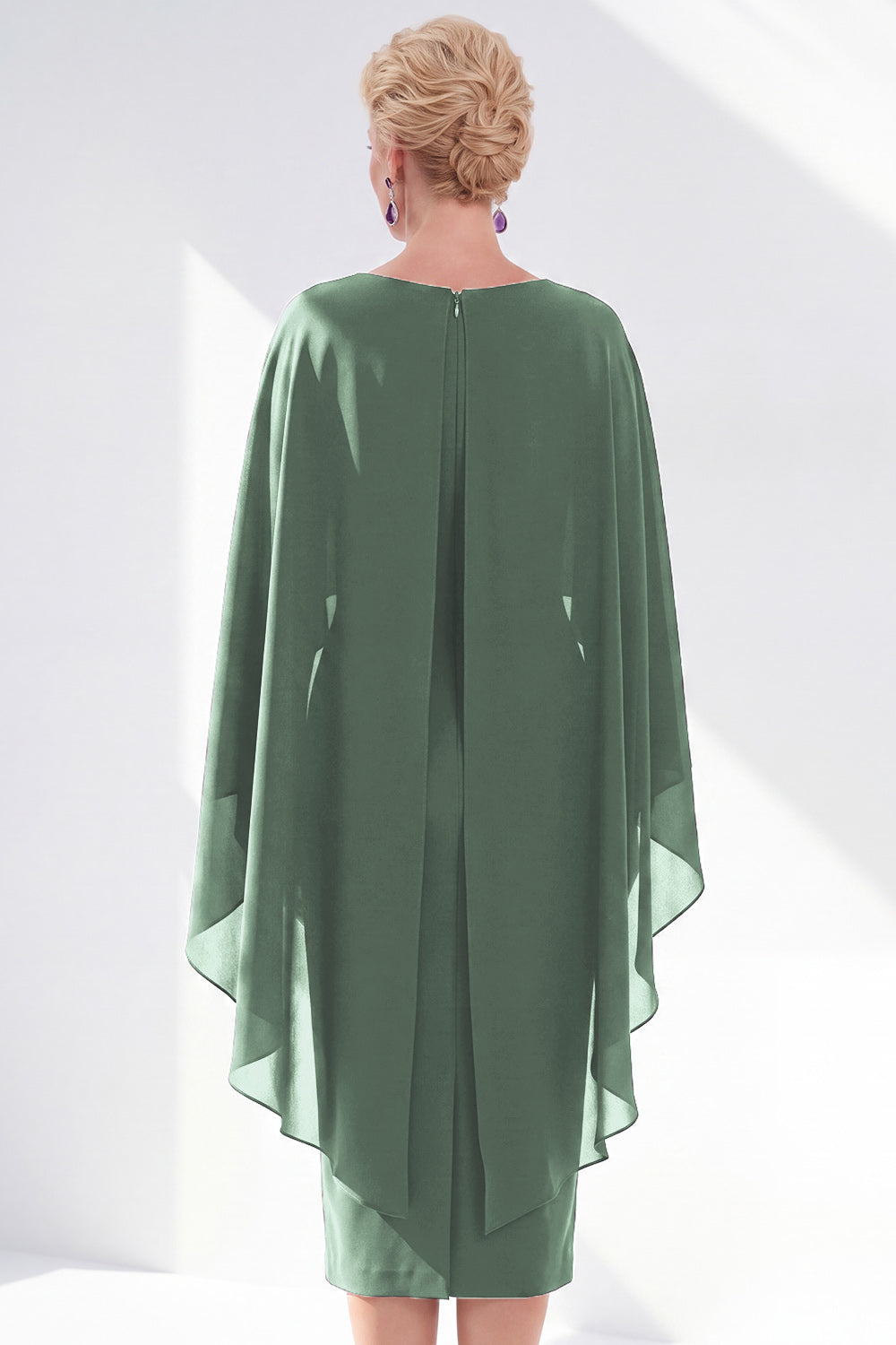 Burgundy Boat Neck Cape Overlay Sheath Tea-Length Midi Dress
