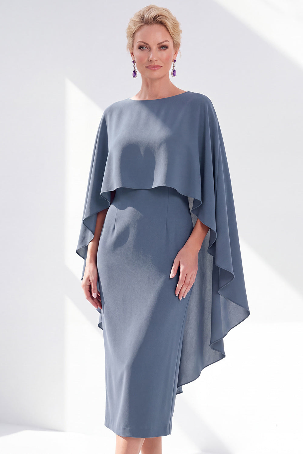 Burgundy Boat Neck Cape Overlay Sheath Tea-Length Midi Dress