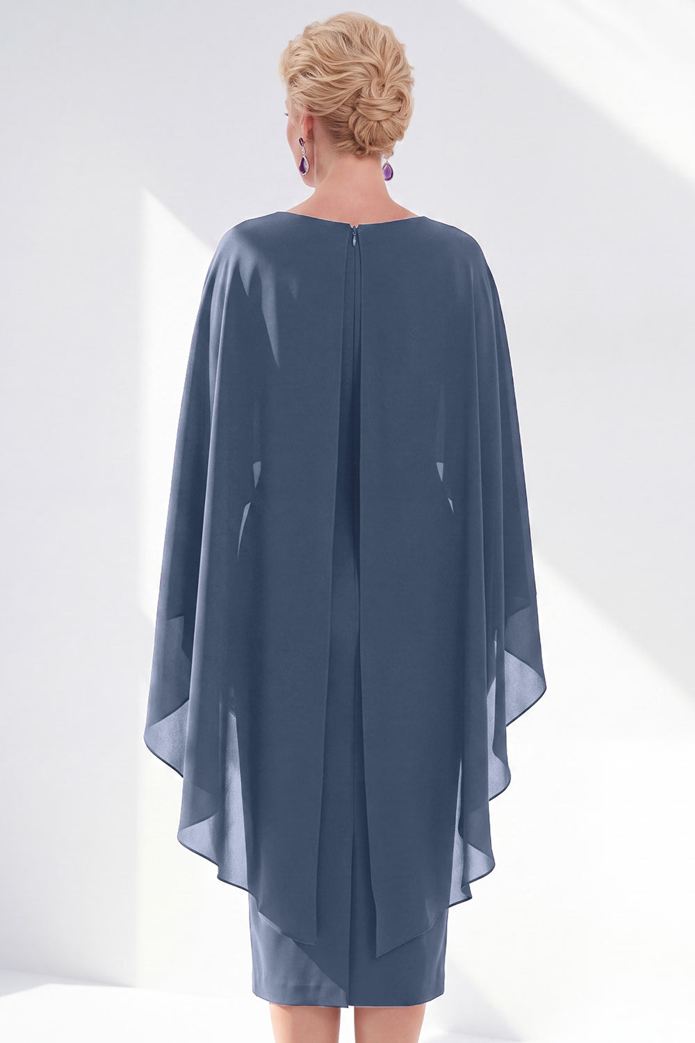 Burgundy Boat Neck Cape Overlay Sheath Tea-Length Midi Dress