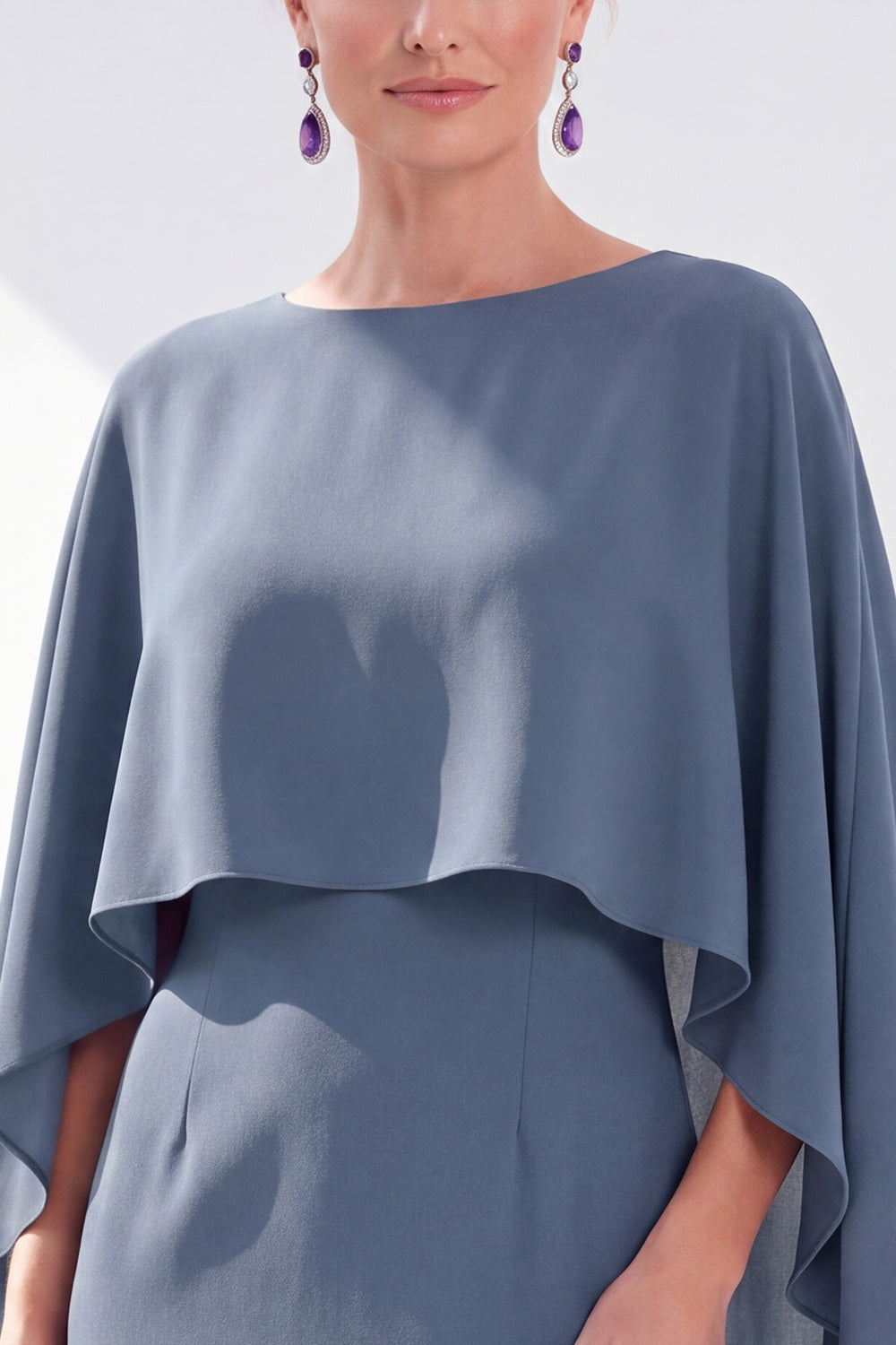 Burgundy Boat Neck Cape Overlay Sheath Tea-Length Midi Dress