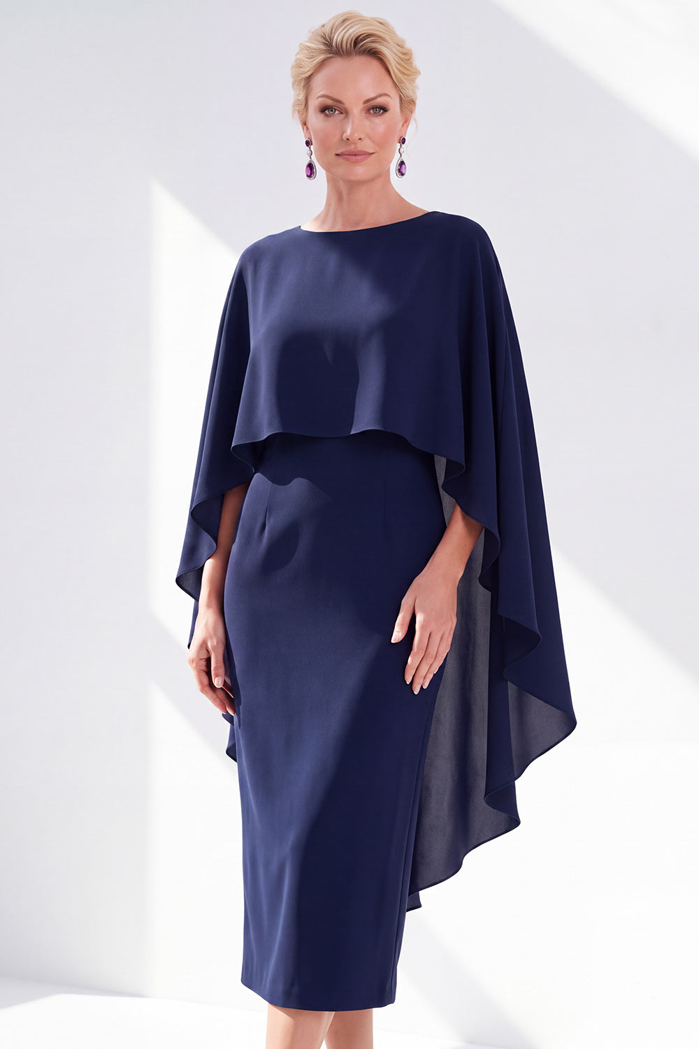 Burgundy Boat Neck Cape Overlay Sheath Tea-Length Midi Dress