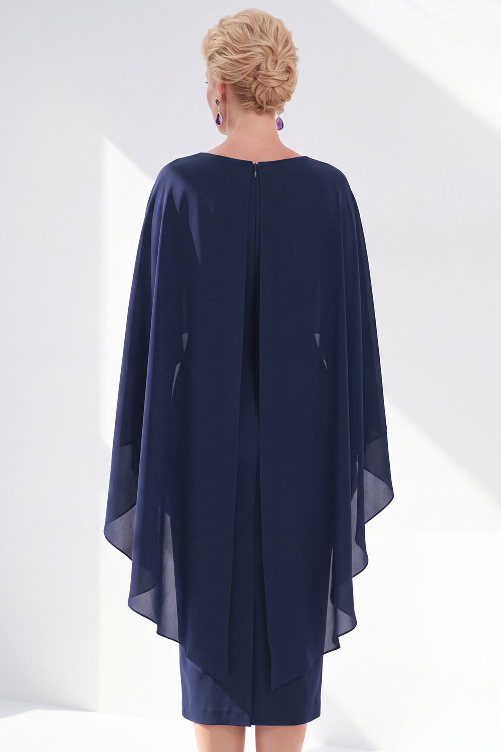 Burgundy Boat Neck Cape Overlay Sheath Tea-Length Midi Dress