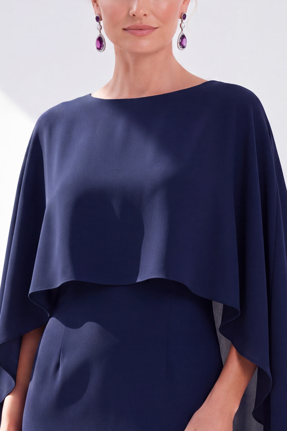 Burgundy Boat Neck Cape Overlay Sheath Tea-Length Midi Dress