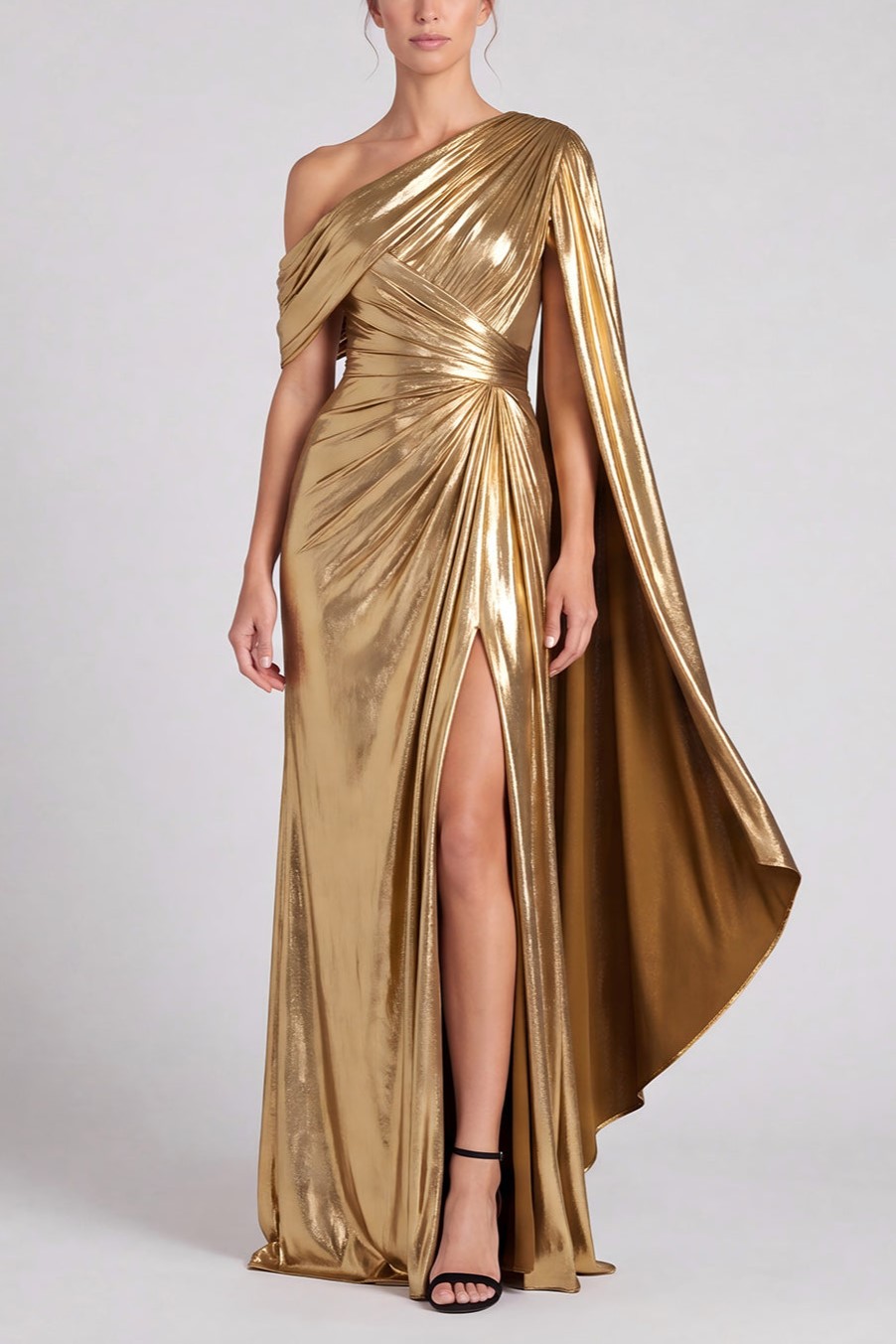 Metallic Gold One Shoulder Cape Sleeve Ruched Gown