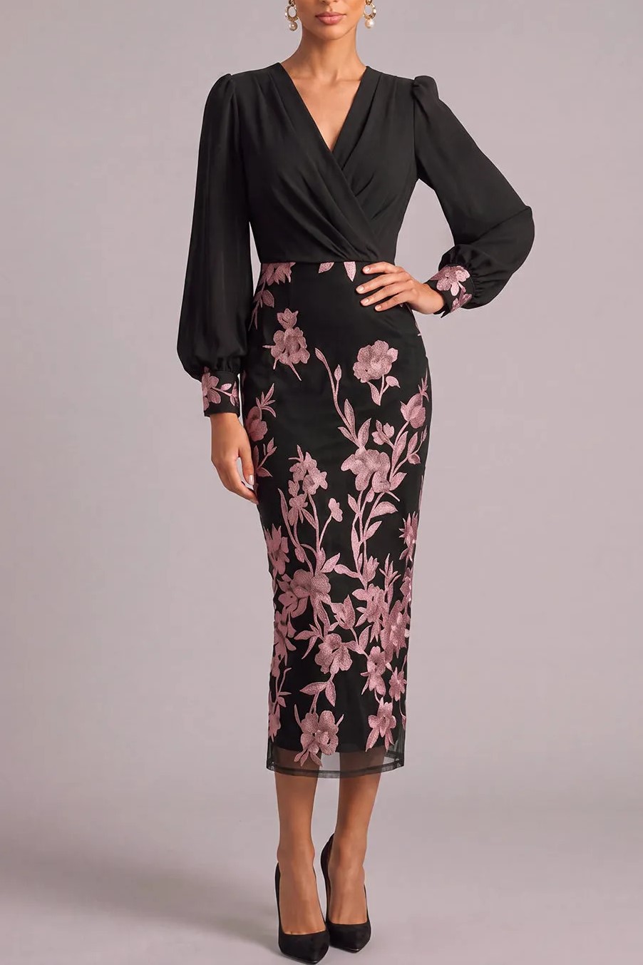 Black V‑Neck Long Puff Sleeve Wrap Bodice Floral Embroidery Sheath Midi Dress