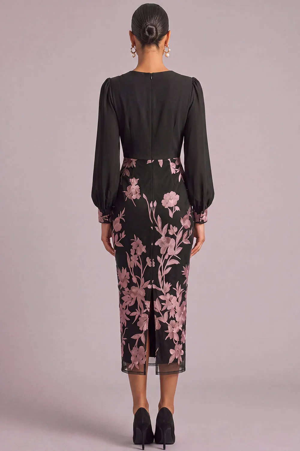 Black V‑Neck Long Puff Sleeve Wrap Bodice Floral Embroidery Sheath Midi Dress