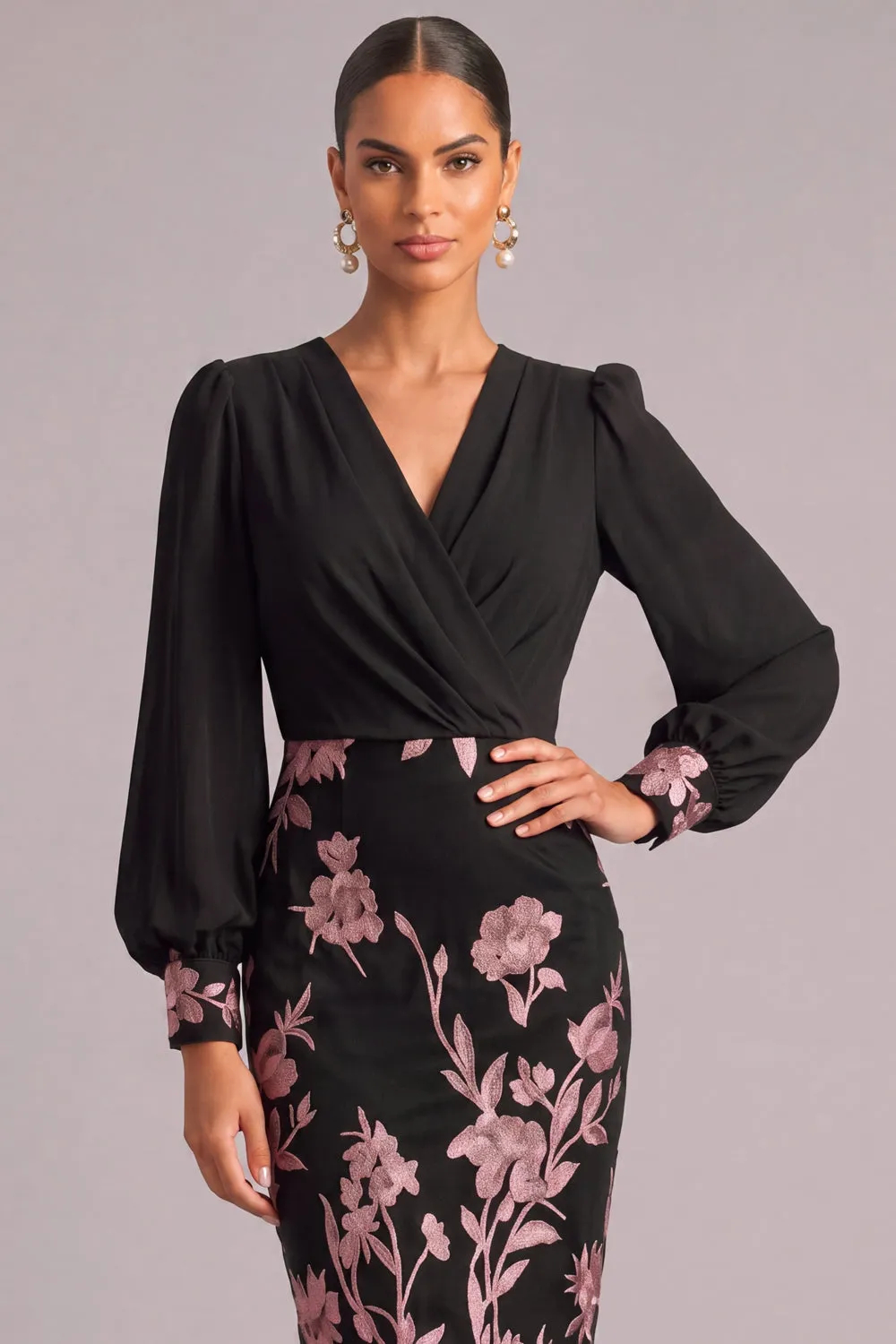 Black V‑Neck Long Puff Sleeve Wrap Bodice Floral Embroidery Sheath Midi Dress