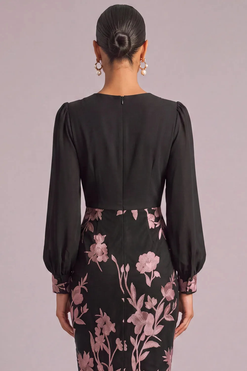 Black V‑Neck Long Puff Sleeve Wrap Bodice Floral Embroidery Sheath Midi Dress