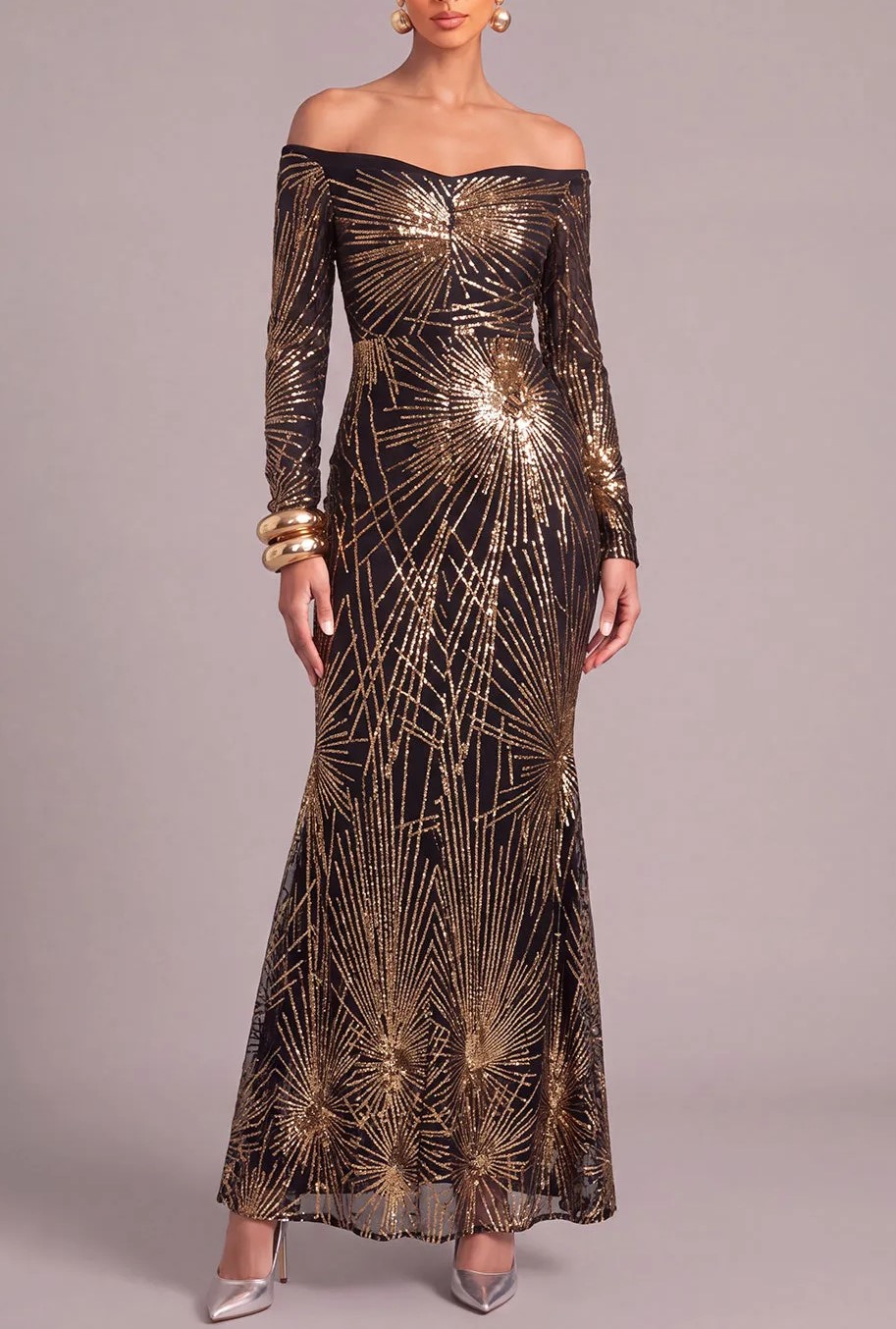 Black Golden Sparkly Off the Shoulder Mermaid Sequins Long Sleeves Maxi Dress