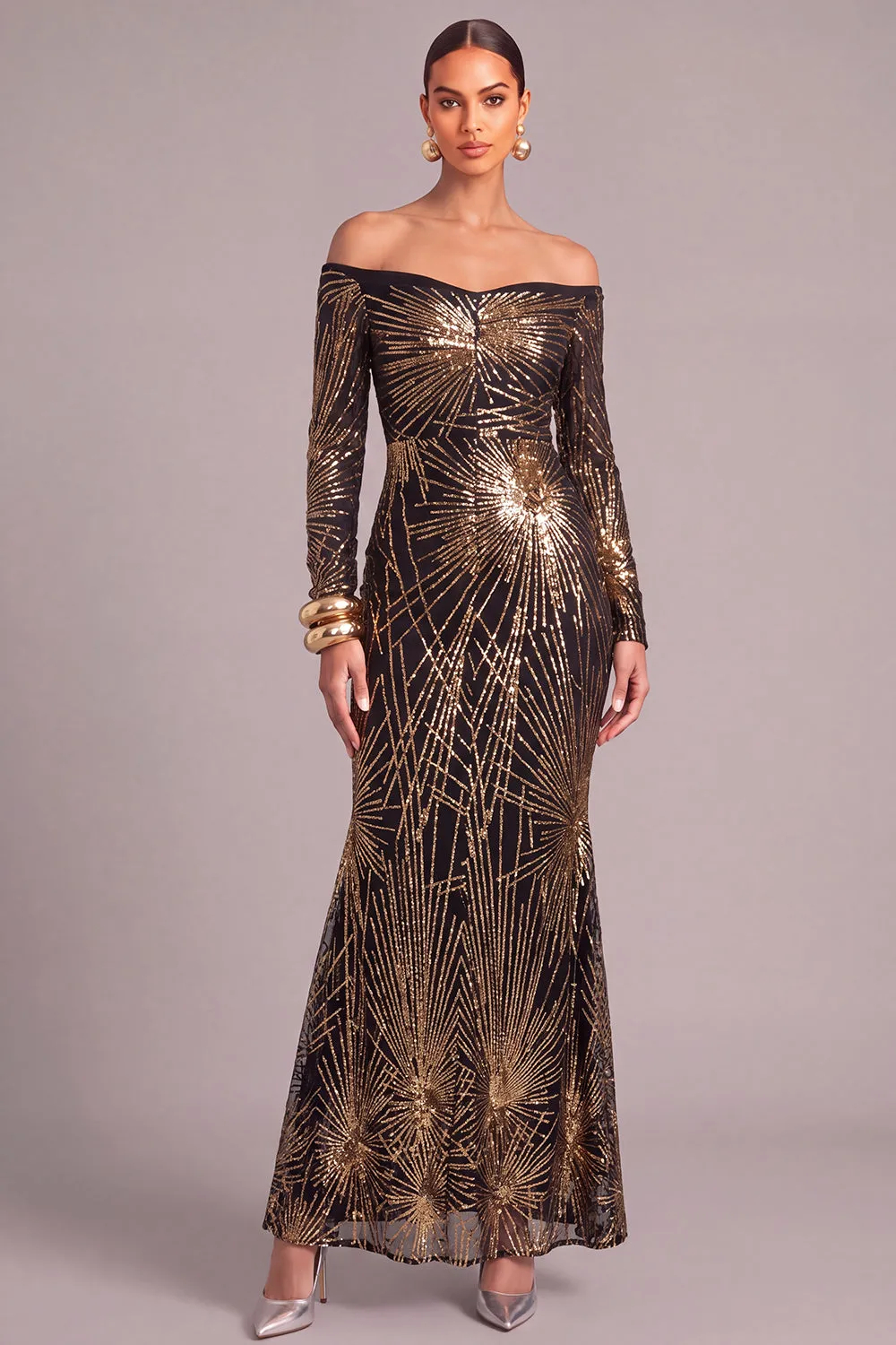 Black Golden Sparkly Off the Shoulder Mermaid Sequins Long Sleeves Maxi Dress