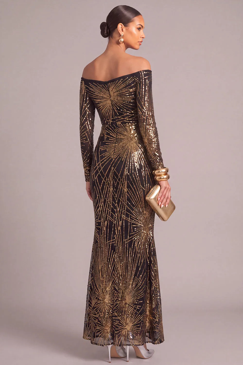 Black Golden Sparkly Off the Shoulder Mermaid Sequins Long Sleeves Maxi Dress