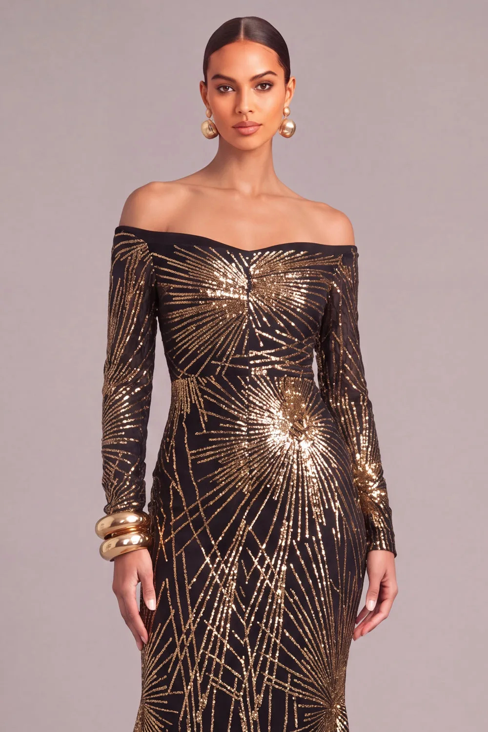 Black Golden Sparkly Off the Shoulder Mermaid Sequins Long Sleeves Maxi Dress