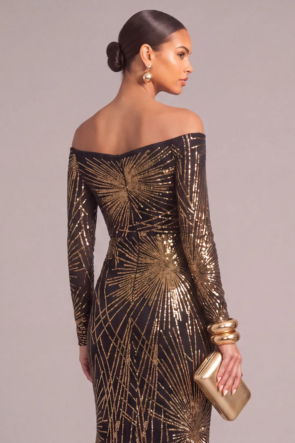 Black Golden Sparkly Off the Shoulder Mermaid Sequins Long Sleeves Maxi Dress