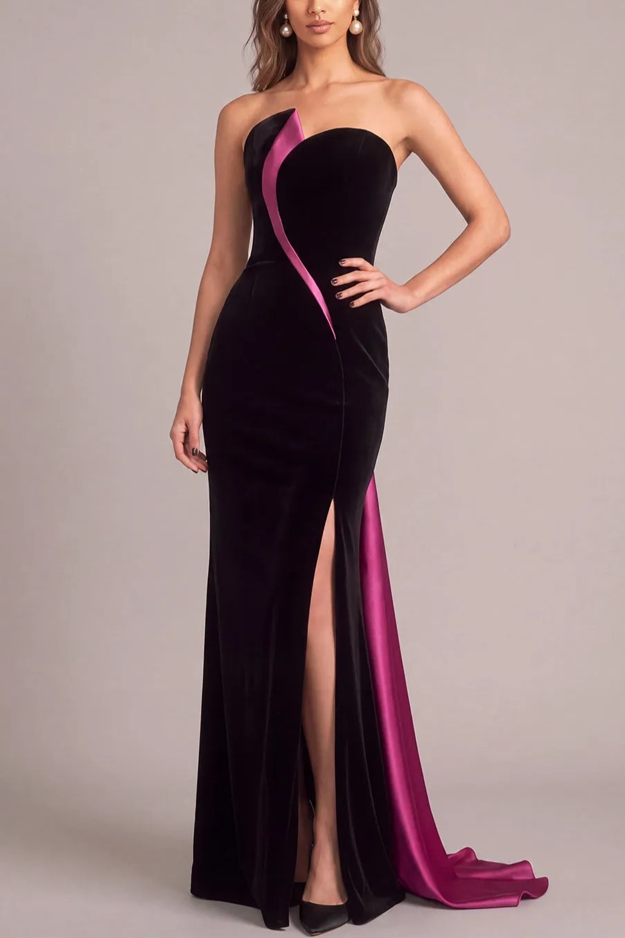 Black Velvet Mermaid Strapless Long Formal Dress with Slit