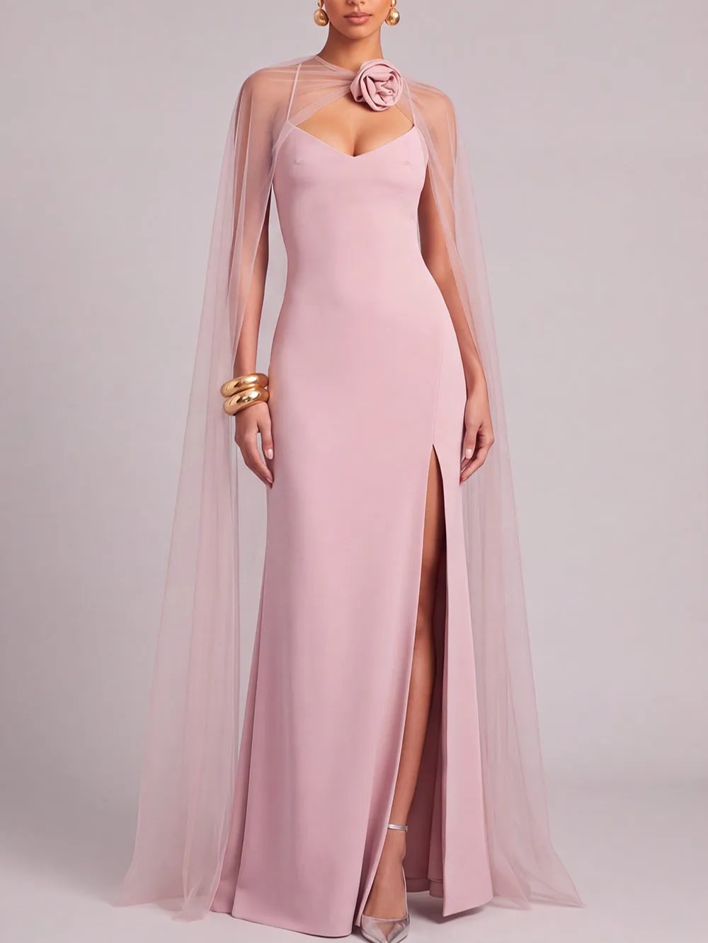 Dusty Pink V‑Neck Sleeveless Sheath Floor‑Length Gown With Tulle Cape And 3D Rose Detail