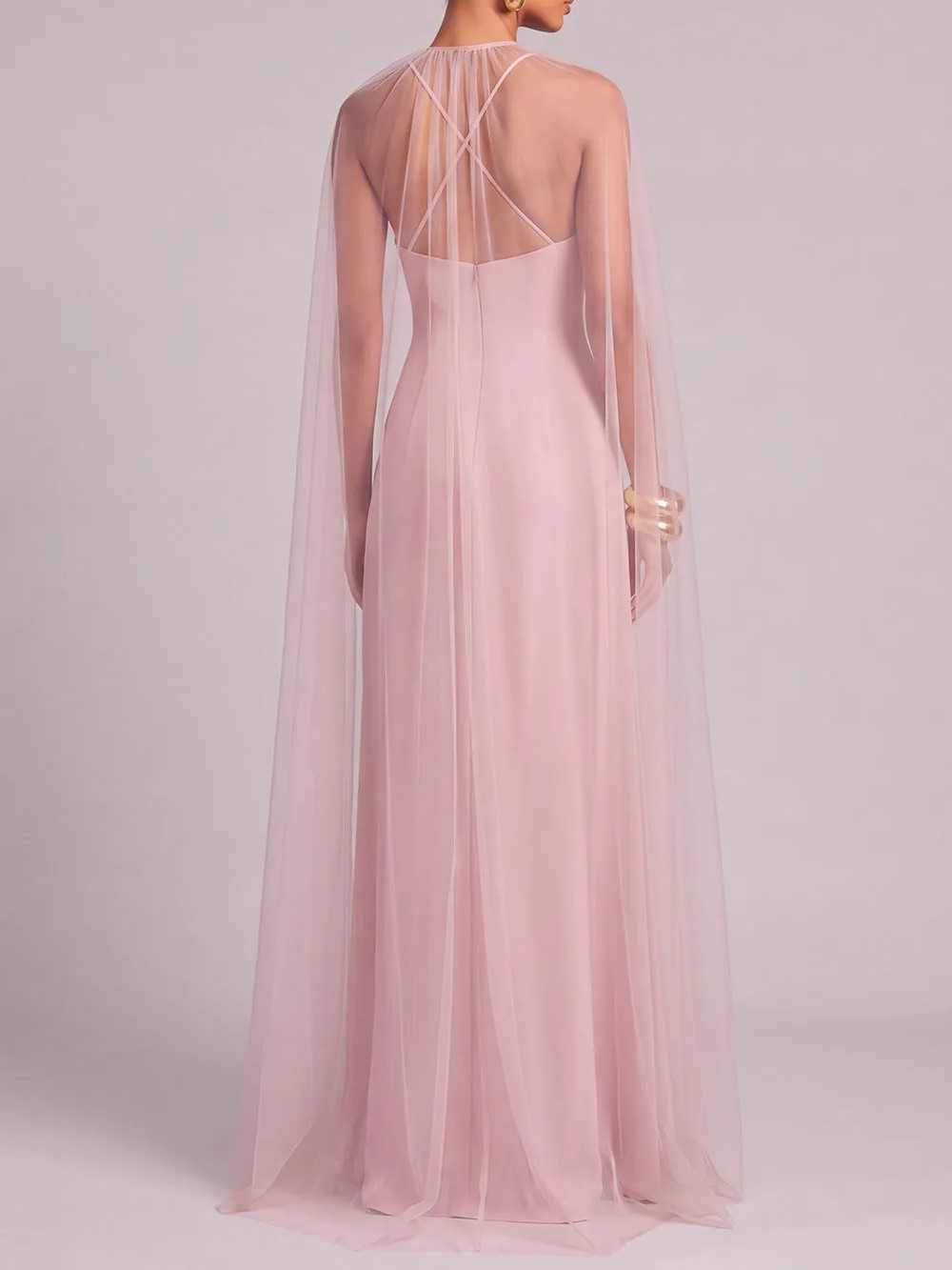 Dusty Pink V‑Neck Sleeveless Sheath Floor‑Length Gown With Tulle Cape And 3D Rose Detail
