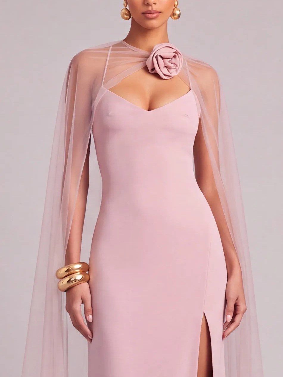 Dusty Pink V‑Neck Sleeveless Sheath Floor‑Length Gown With Tulle Cape And 3D Rose Detail