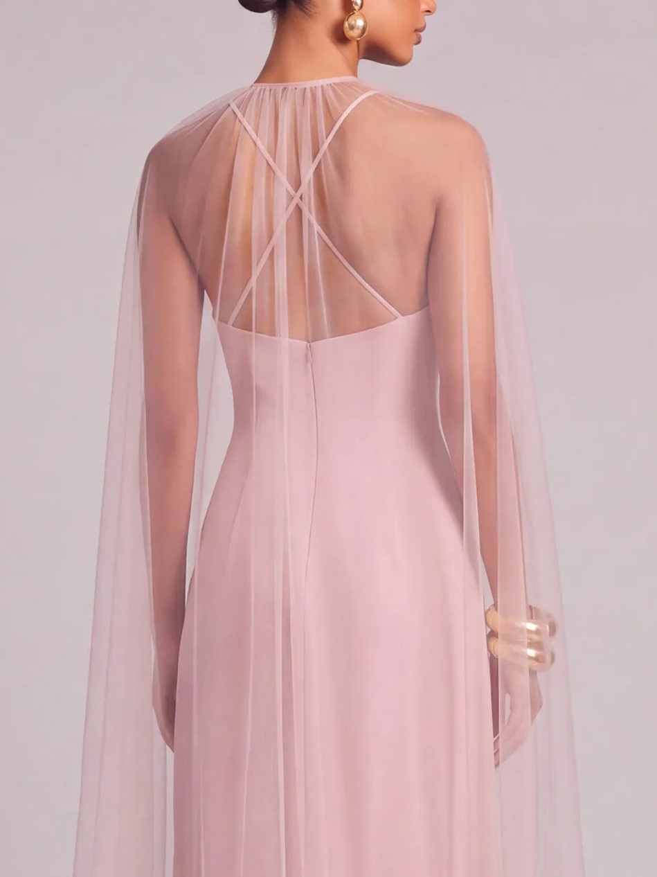 Dusty Pink V‑Neck Sleeveless Sheath Floor‑Length Gown With Tulle Cape And 3D Rose Detail