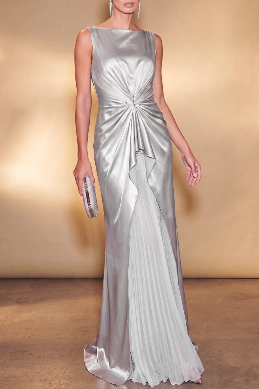 Silver Satin Sleeveless Boat Neck Twisted Ruched Pleated Panel Mermaid Evening Dress