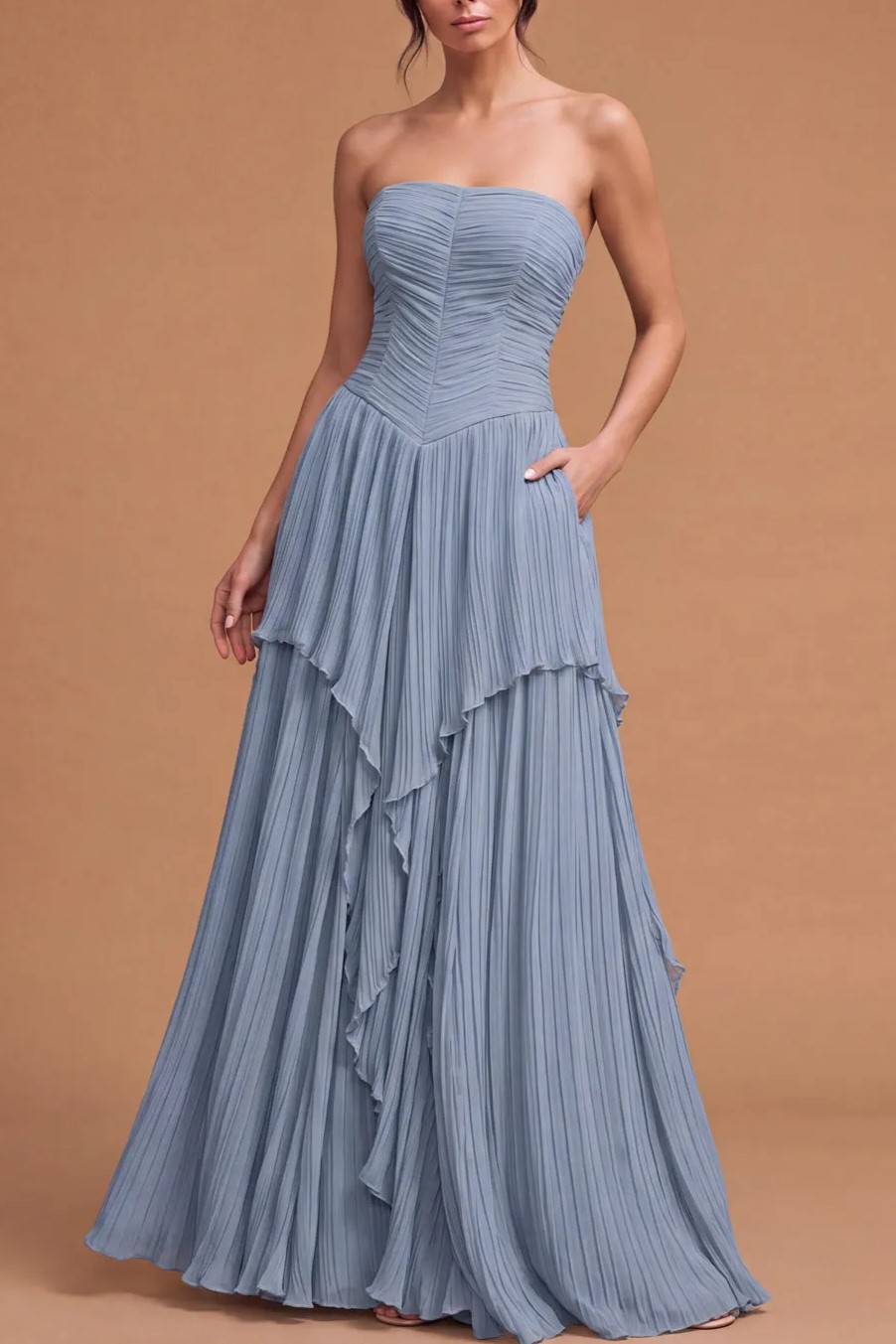 Dusty Blue Strapless Chiffon Pleated Wedding Guest Dress