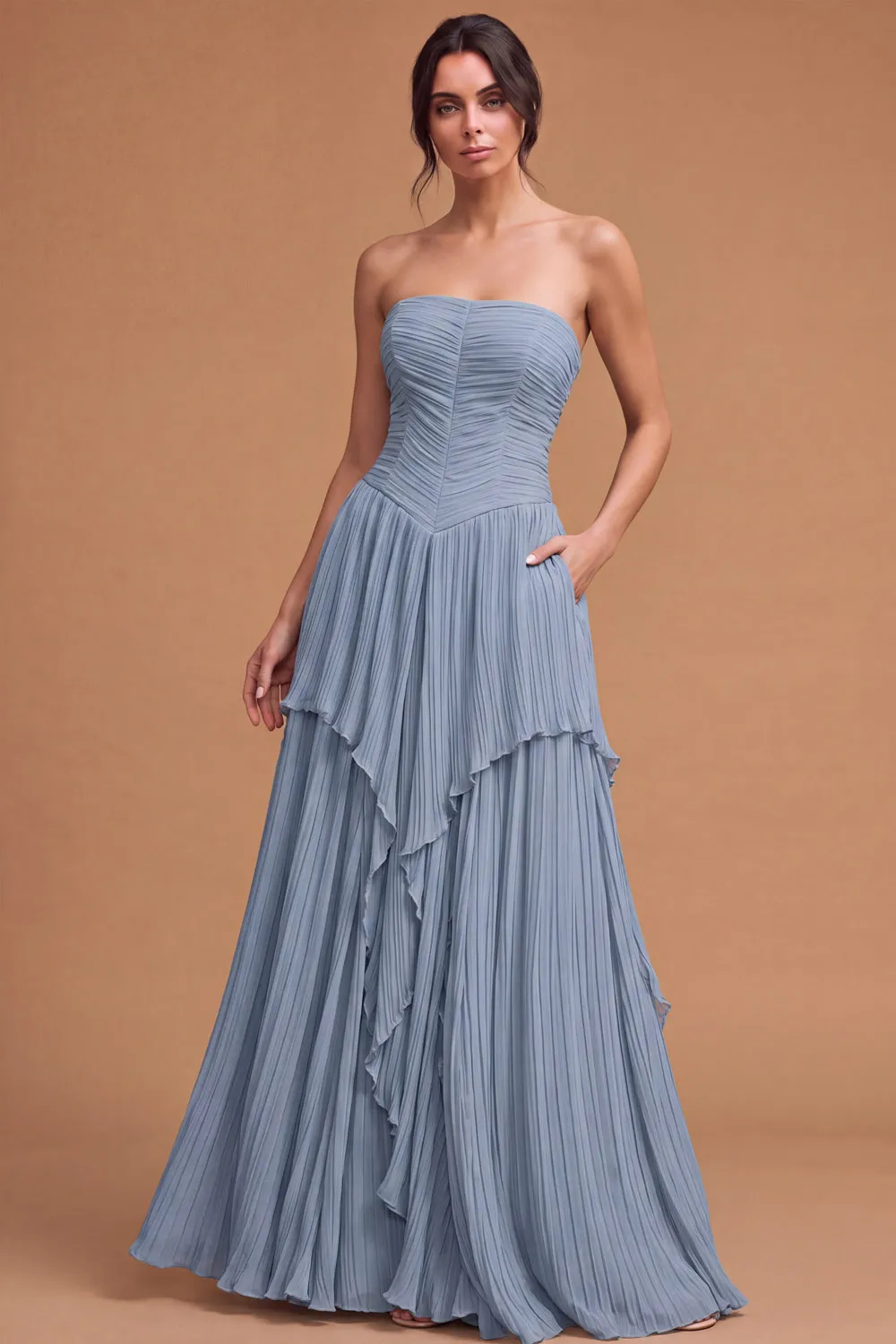 Dusty Blue Strapless Chiffon Pleated Wedding Guest Dress