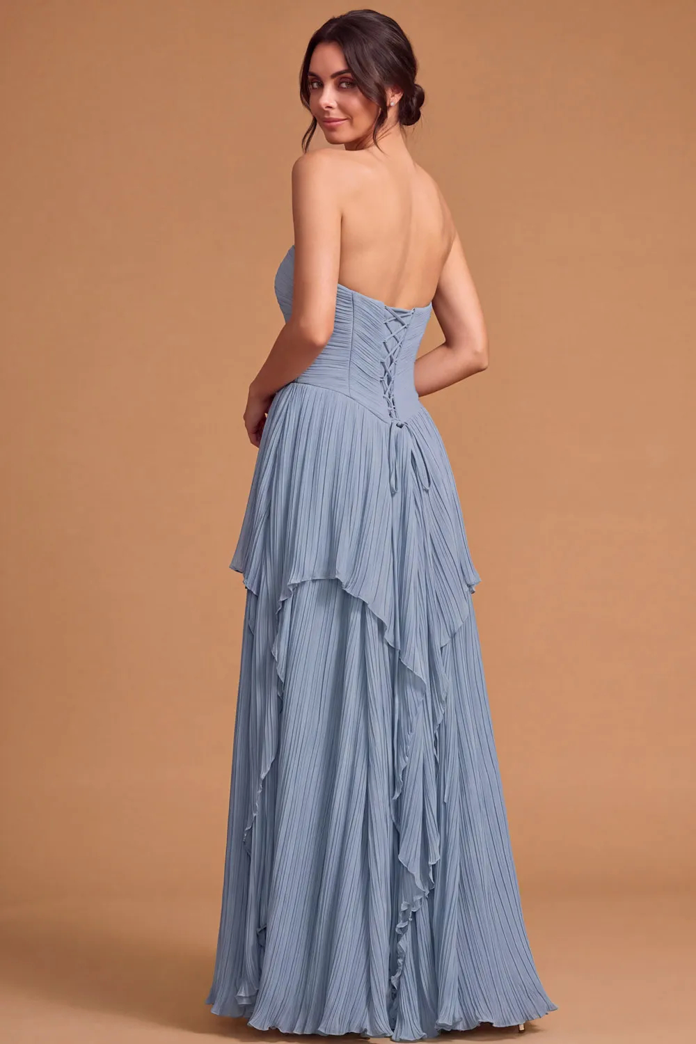 Dusty Blue Strapless Chiffon Pleated Wedding Guest Dress