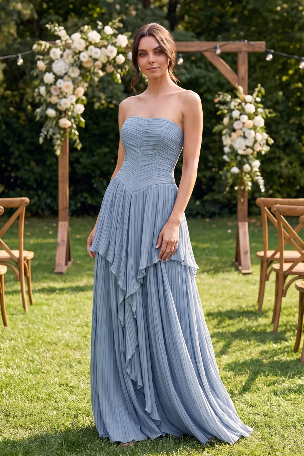 Dusty Blue Strapless Chiffon Pleated Wedding Guest Dress