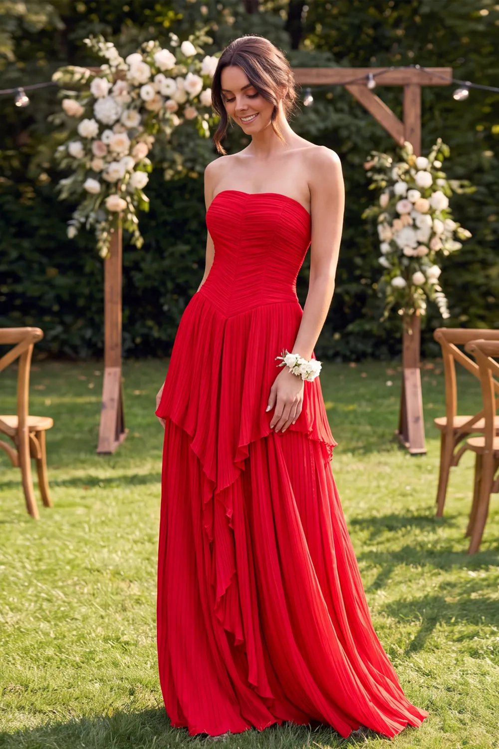 Dusty Blue Strapless Chiffon Pleated Wedding Guest Dress