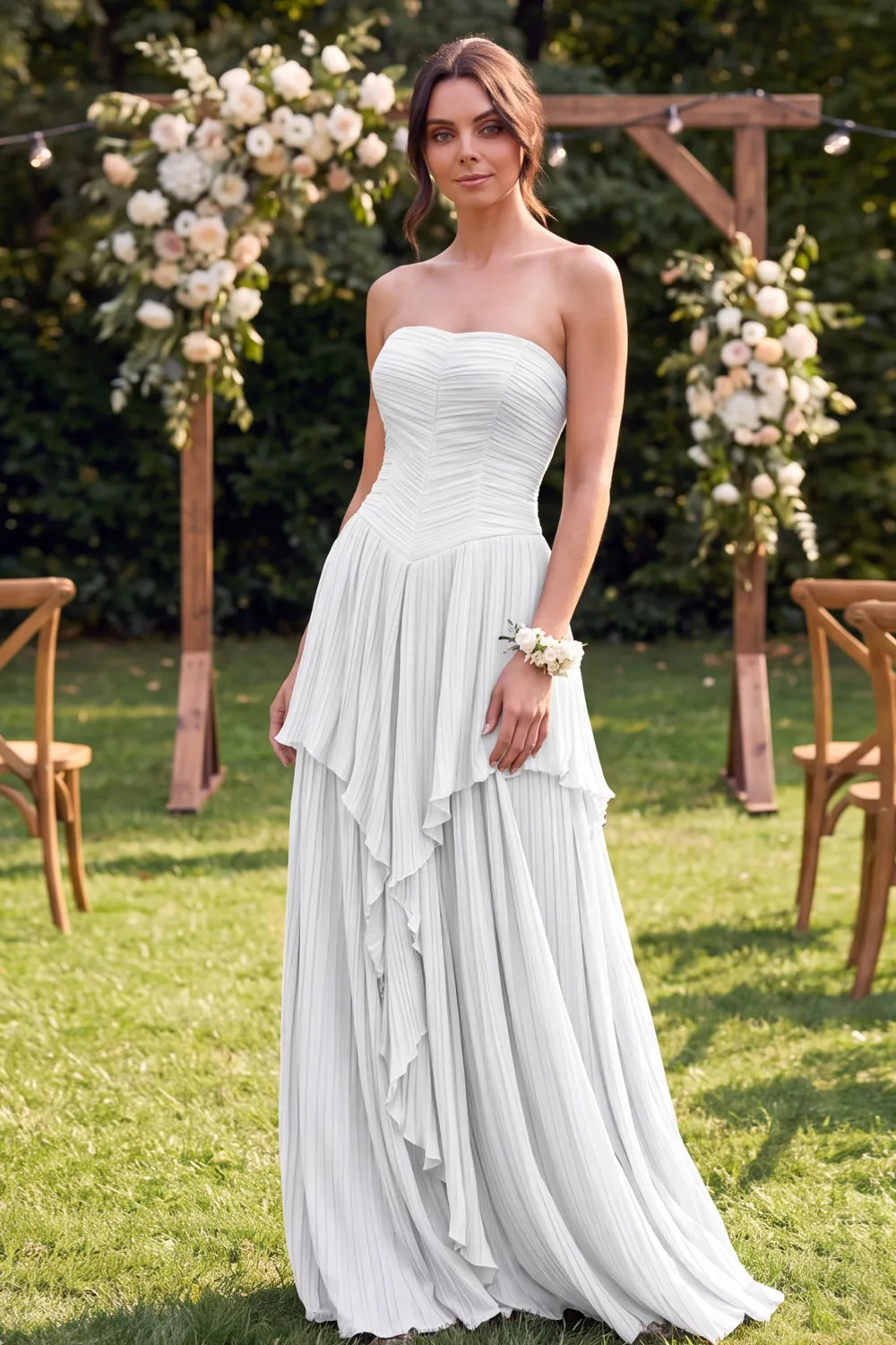 Dusty Blue Strapless Chiffon Pleated Wedding Guest Dress