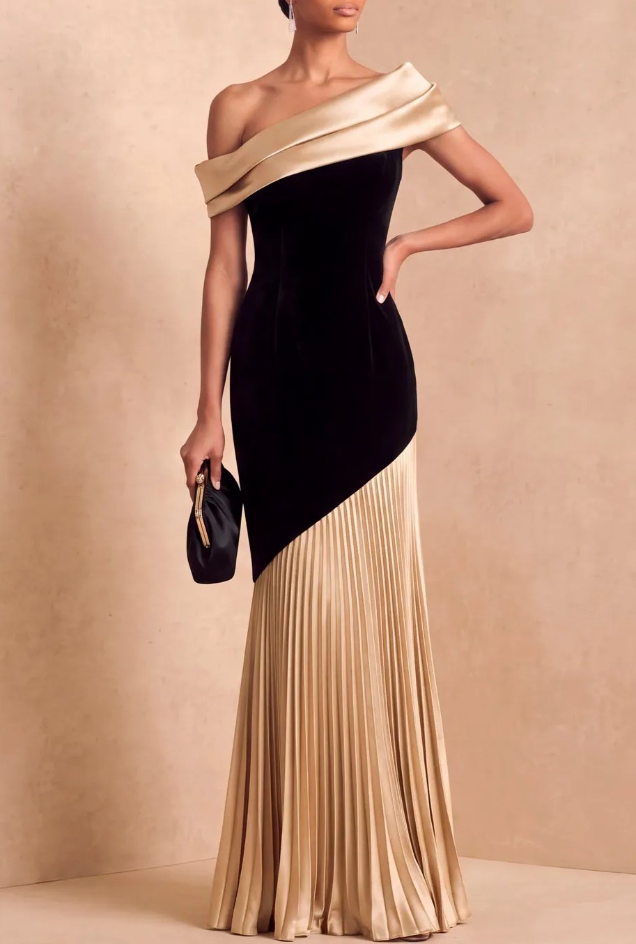 Black & Champagne One Shoulder Velvet Satin Pleated Maxi Formal Dress