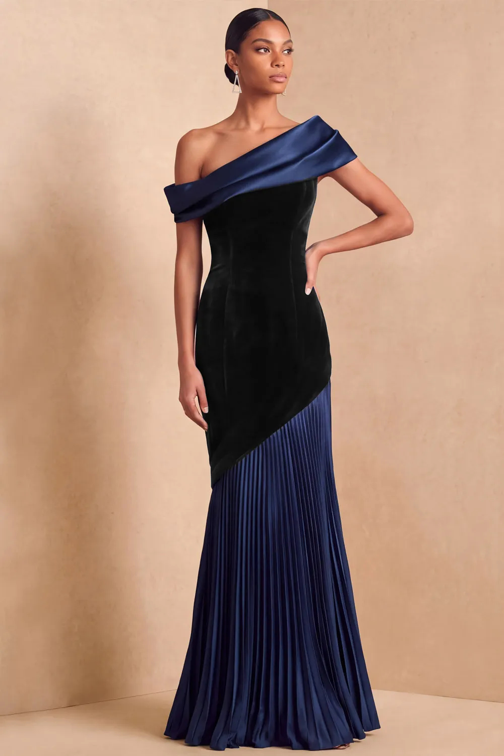Black & Champagne One Shoulder Velvet Satin Pleated Maxi Formal Dress