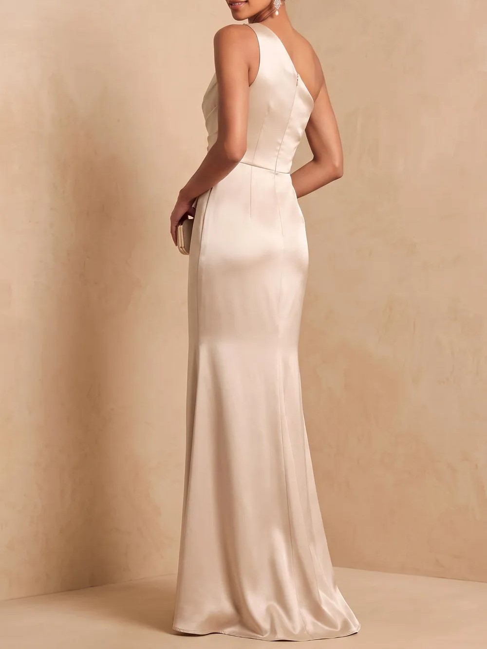Champagne One‑Shoulder Pearl Bow Satin Mermaid Maxi Formal Dress