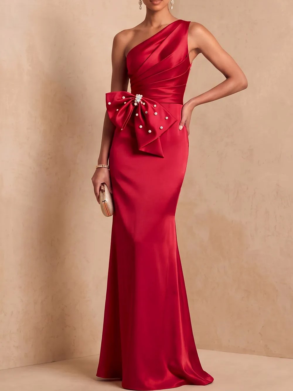 Champagne One‑Shoulder Pearl Bow Satin Mermaid Maxi Formal Dress