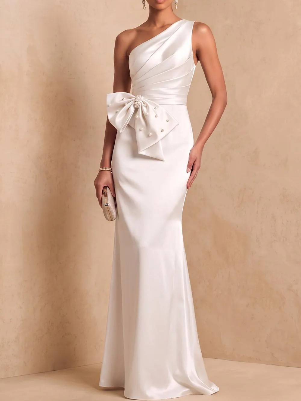 Champagne One‑Shoulder Pearl Bow Satin Mermaid Maxi Formal Dress