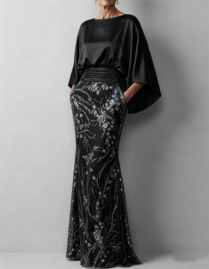 Champagne Cape Sleeve Ruched Sequin Mermaid Dress