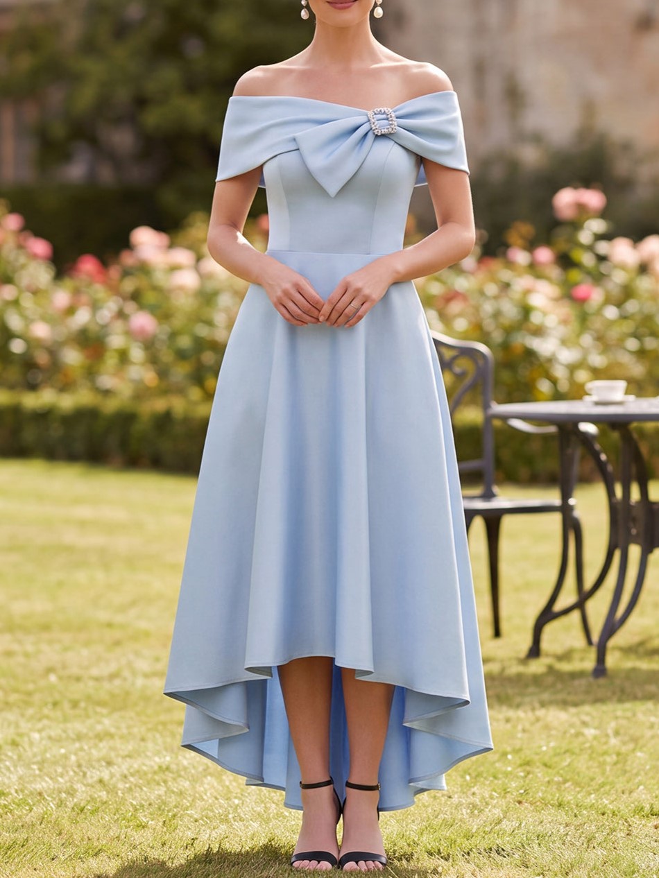 Blue Off‑The‑Shoulder A-Line High-Low Satin Maxi Dress with Bow