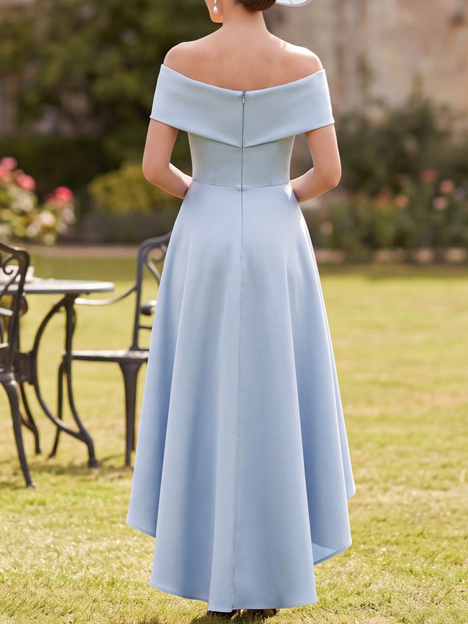 Blue Off‑The‑Shoulder A-Line High-Low Satin Maxi Dress with Bow