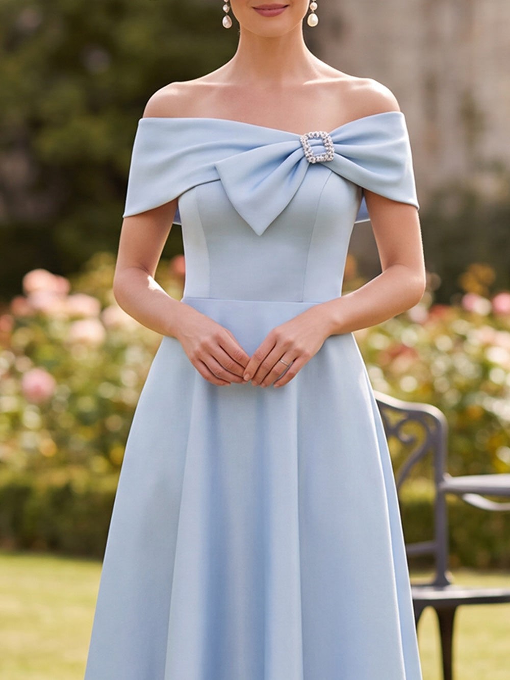 Blue Off‑The‑Shoulder A-Line High-Low Satin Maxi Dress with Bow