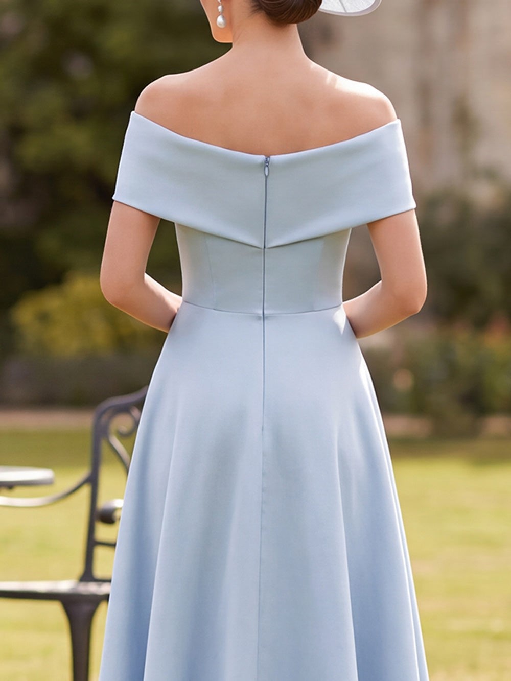 Blue Off‑The‑Shoulder A-Line High-Low Satin Maxi Dress with Bow