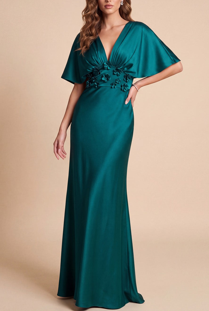 Emerald Green V‑Neck Flutter Sleeve 3D Floral Satin Maxi Dress